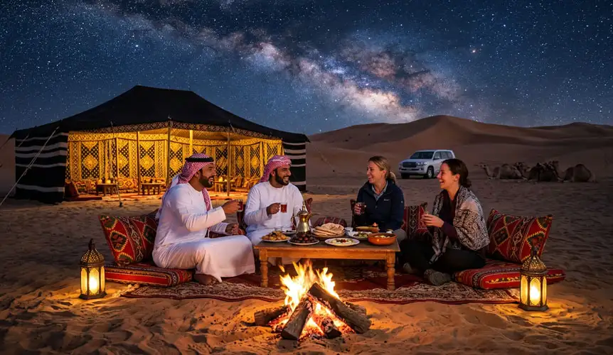 A group of people relaxing around a campfire under the Milky Way, illustrating the Best Time for Overnight Desert Camping Riyadh with comfortable seating, a traditional tent, and camels in the background amidst the sand dunes.