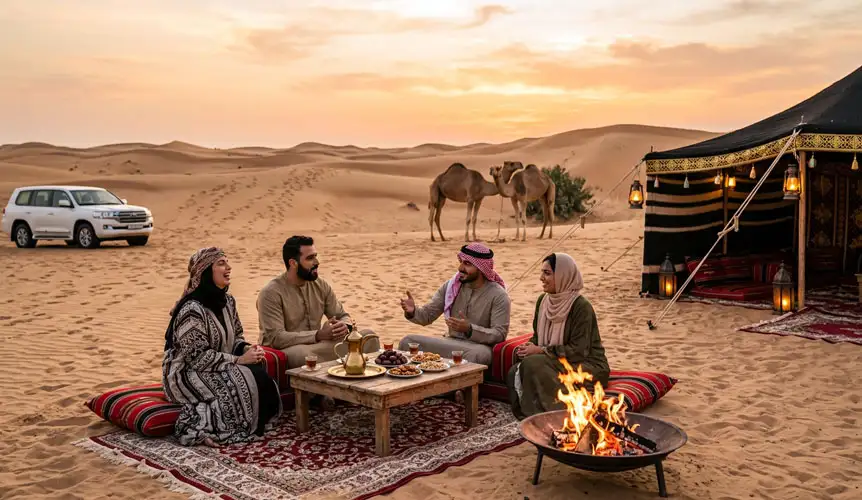 A group of campers enjoying a mild evening by a small campfire next to a traditional tent, showcasing the Best Time for Overnight Desert Camping Riyadh during the balanced autumn and early spring months.
