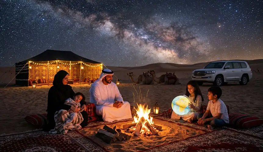A happy family roasting marshmallows over a campfire under a stunning Milky Way sky, illustrating the Best Time for Overnight Desert Camping Riyadh during the comfortable winter months.