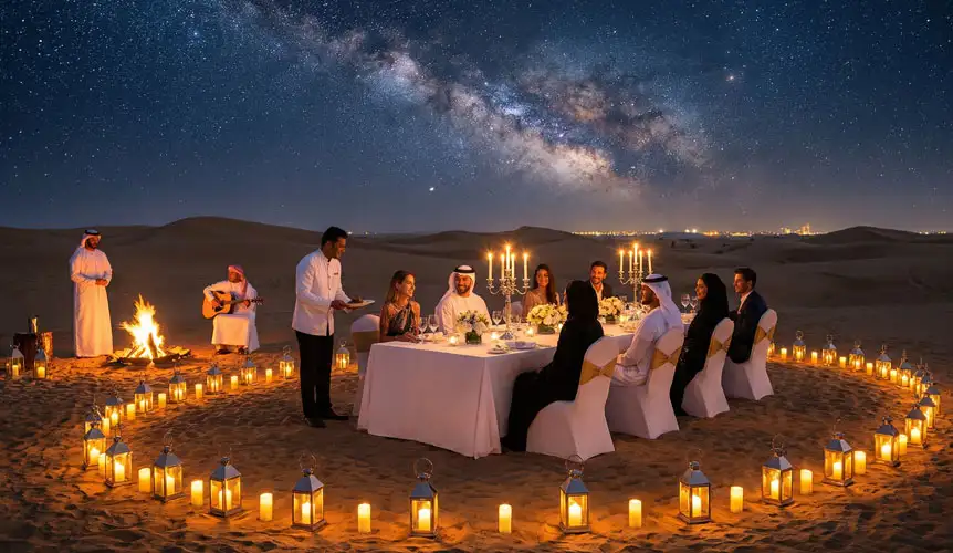 A group of people enjoying a gourmet meal at a lantern-lit table in the middle of sand dunes under a starry night sky, highlighting the best Desert Dinner Experiences Near Riyadh You Must Try.