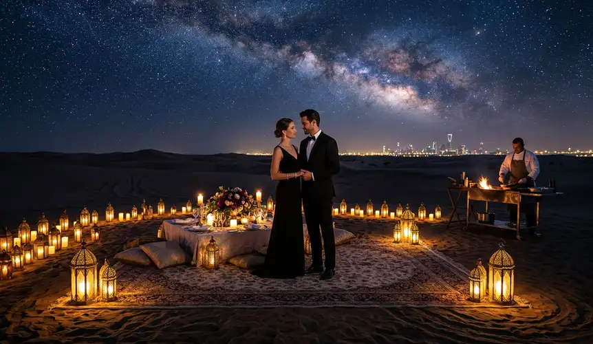 A couple holding hands in the desert at night, surrounded by glowing lanterns and a beautifully set table, with the Riyadh skyline visible in the distance, embodying the Best Romantic Things to Do in Riyadh for Couples.