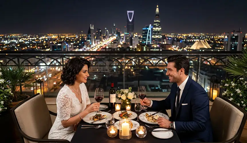 A couple enjoying a candlelit dinner on a high-rise balcony overlooking the sparkling Riyadh city lights and iconic skyscrapers, showcasing the Best Romantic Things to Do in Riyadh for Couples.