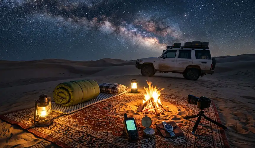 A collection of sleeping essentials like sleeping bags, pads, and a pillow, alongside navigation tools such as a GPS, compass, and lanterns, all laid out at a campsite under a starry sky as a guide for What to Pack for an Overnight Desert Camping Tour in Riyadh.